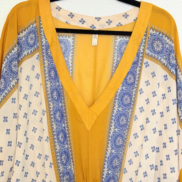 Free People Santa Cruz Kimono Dress Boho Print Tunic Mini Flowy Yellow Blue M - Picture 11 of 13